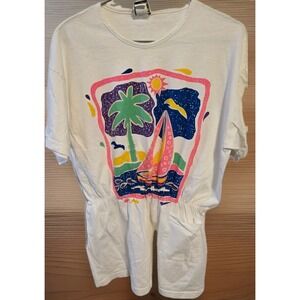 90s Beach Graphic Cinched Waist Tee Sailboat Palm Tree Pockets USA‎ Vintage